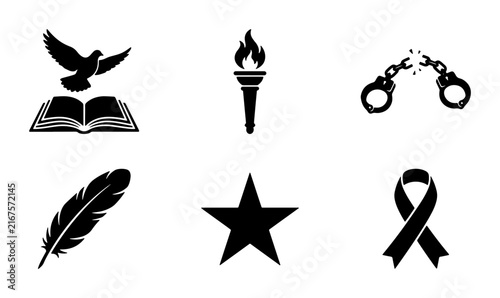 Freedom and Hope Icons: Dove, Open Book, Torch, Broken Chains, Feather, Star, Ribbon Symbols