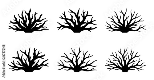Six Silhouette Bush Icons, Minimalist Branching Plant Graphics, Stylized Tree Elements, Simple Outdoor Nature Vector Set, Black and White Botanical Illustrations