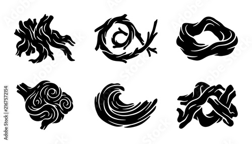 Organic Abstract Shapes Vector Set, Natural Forms, Twisting Wood, Coral, Waves, Black and White Icons for Nature Design Elements