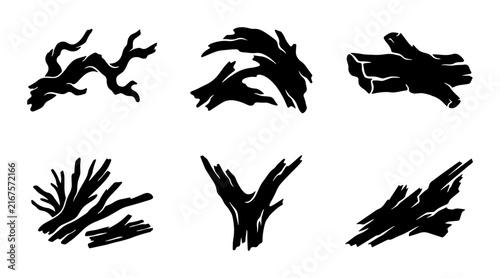 Black Silhouette Wood Branch Vector Icons, Organic Natural Tree Twig Shapes, Rustic Forest Elements for Design