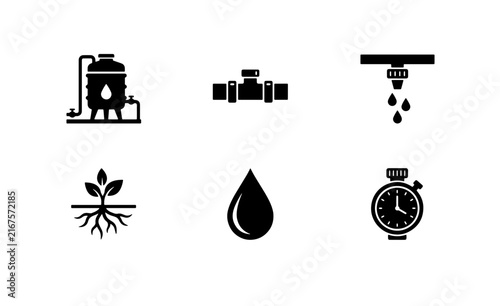 Irrigation System Icons, Water Supply Equipment Vector Set, Agriculture Drip Technology Graphics, Plant Growth and Water Drop Symbols