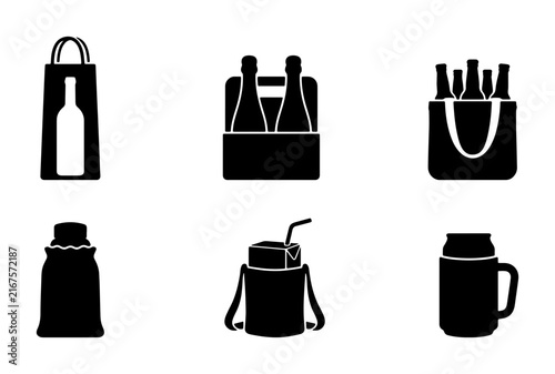 Vector Icons: Beverage Containers, Wine Bags, Coolers, and Bottles, Set of 6 Black Silhouettes for Drinks and Storage