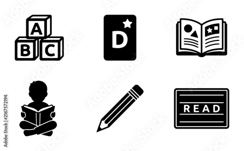 Education Icons Set: ABC Blocks, Reading Child, Open Book, Pencil, Letter D Card, READ Sign - Learning & Literacy Vector Graphics