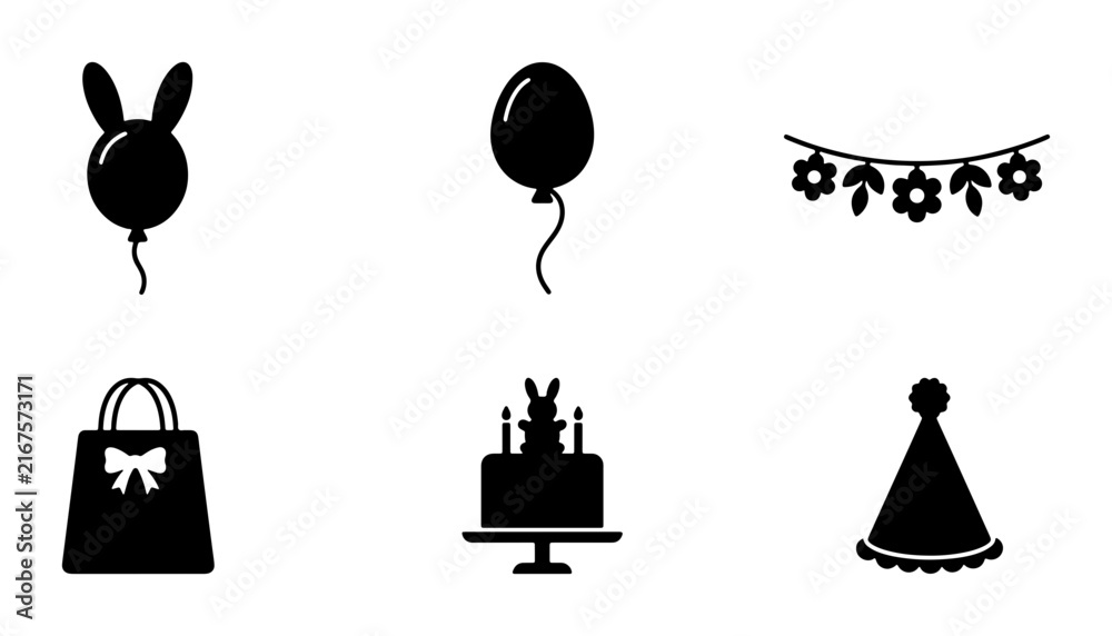 Naklejka premium Birthday Party Icons Set, Celebration Vector Graphics, Festive Elements Collection, Holiday Symbols Pack