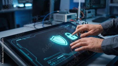 Cyber security artificial intelligence system with digital shield on touch screen in research lab for data protection and network safety against hacking and threats