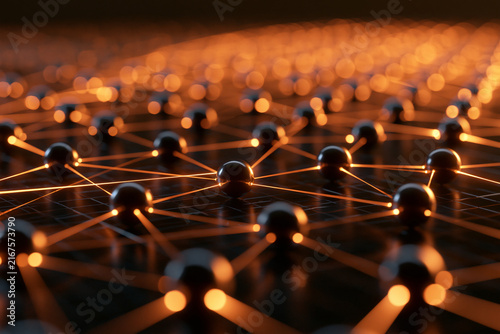 Abstract futuristic network of glowing spheres connected by bright orange lines in a dark space. Digital technology concept for data communication and connectivity.