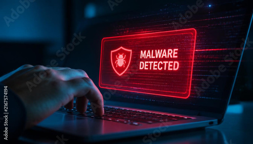Malware detected warning on a glowing laptop screen with human hand typing on the keyboard keys