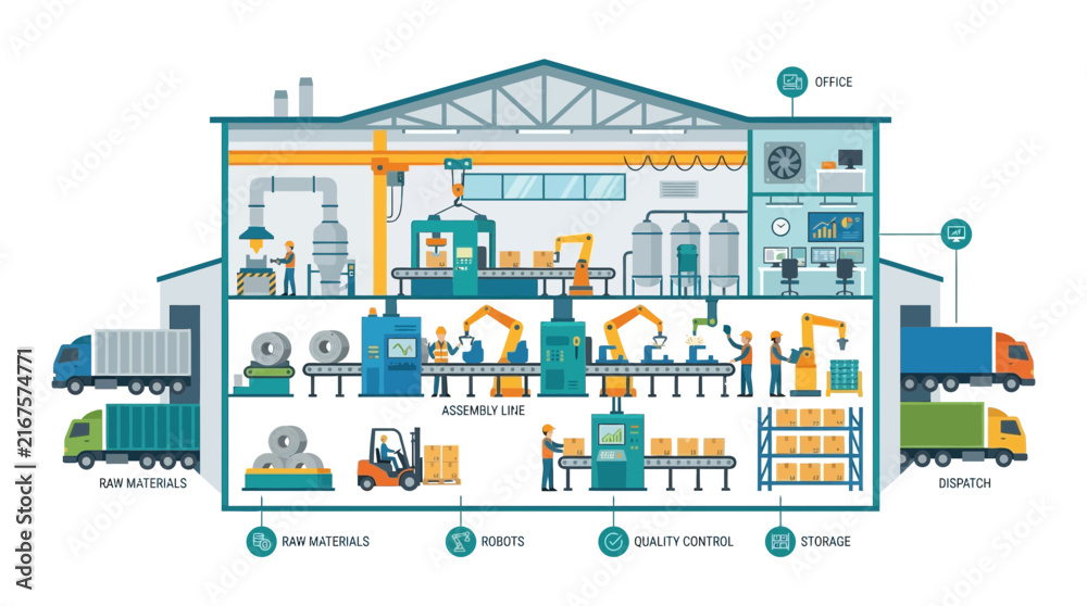 Fototapeta premium Factory Production Line: Assembly, Robotics, Logistics, and Quality Control