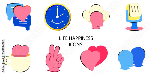 Set of 08 outline Life and Happiness Element icons. Life and Happiness Line icons set. Vector illustration.