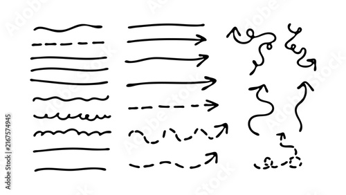 Hand drawn doodle arrows and lines set. Scribble underlines, curve pointers and dividers isolated on white background (Full Vector)