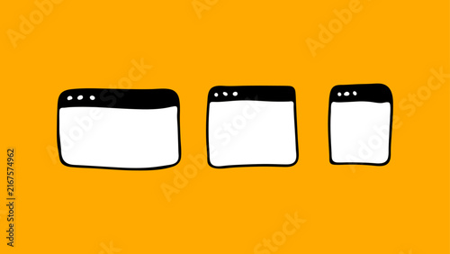 Hand drawn web browser window set. Minimalist doodle UI UX wireframe templates on yellow background. (Full Vector)