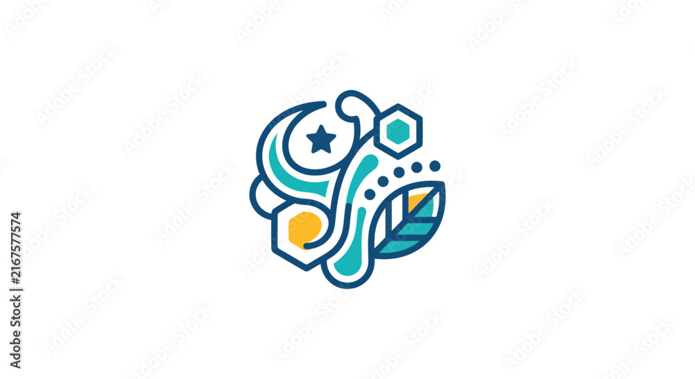 Naklejka premium Abstract nature icon with leaf moon and hexagons.