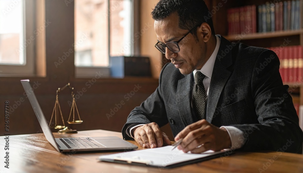 Obraz premium Lawyer working at wooden desk with laptop and legal documents, warm office environment