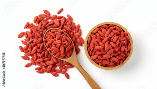 Dried goji berries in wooden bowl and spoon