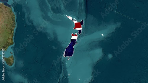 New Zealand Map Animation on Topographic Globe with National Flag