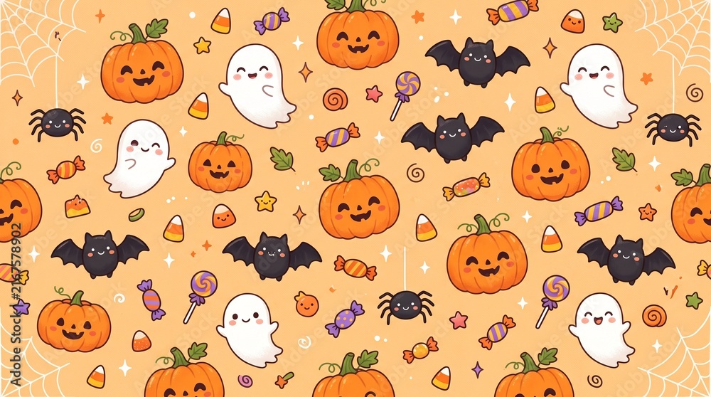 Fototapeta premium Cute halloween seamless pattern with pumpkins ghosts bats spiders and candy on an orange background for festive holiday wrapping paper or fabric design