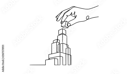 Minimalist hand constructing skyscraper with blocks continuous line business growth vector