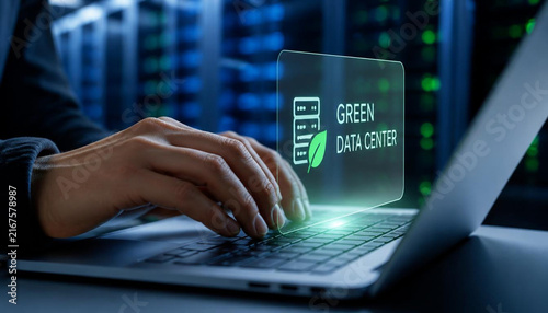 Professional hands typing on laptop displaying holographic green data center icon in modern server room environment