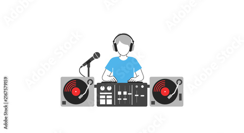 DJ playing music with turntables and microphone, isolated on transparent background