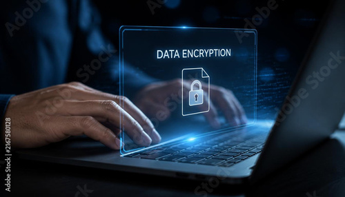 Professional businessman typing on a laptop screen displaying glowing blue data encryption lock security system interface