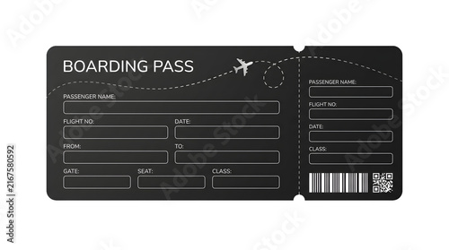 Blank black airplane boarding pass ticket template with barcode and qr code, isolated on transparent background
