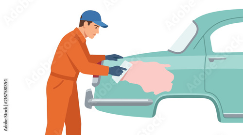 Auto mechanic repairing vintage car bodywork, isolated on white