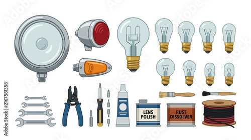 Automotive Lighting and Repair Tools Isolated on Transparent Background
