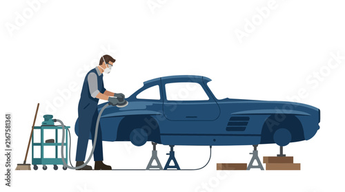 Auto mechanic sanding vintage car bodywork for restoration, isolated