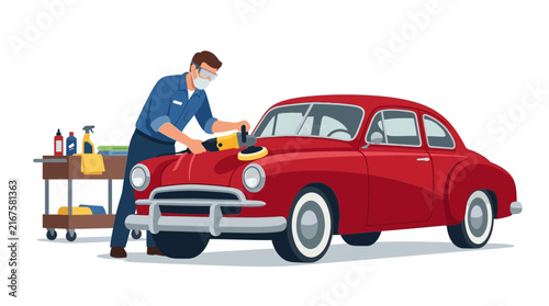 Car Detailing Service: Man Polishing Vintage Red Automobile