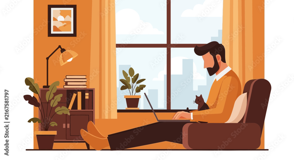 Fototapeta premium Man Working on Laptop at Home with Cat Illustration - Remote Work and Freelance Concept in Cozy Living Room