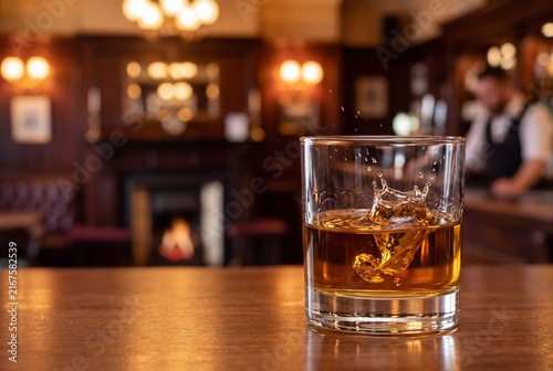 A dynamic close-up of a splash caused by an ice cube dropping into a glass of golden Irish whiskey on a wooden bar counter in a traditional, warm pub.
