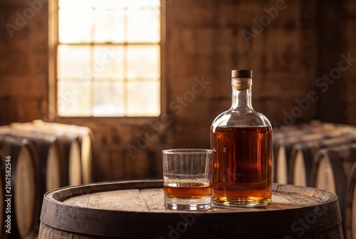 A clear glass and a bottle of golden Kentucky bourbon whiskey resting on a wooden oak barrel inside a rustic, sunlit distillery aging warehouse.