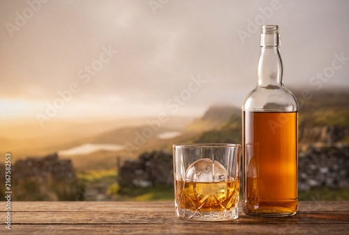 A bottle and a crystal glass of Scottish whiskey with a round ice sphere on a wooden table, overlooking a dramatic, scenic highland landscape and loch at sunset.
