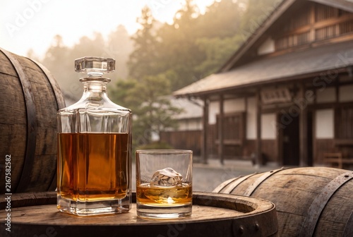An elegant crystal decanter and a glass of premium Japanese whiskey with ice on a wooden barrel, set against a traditional Japanese building and misty forest background.