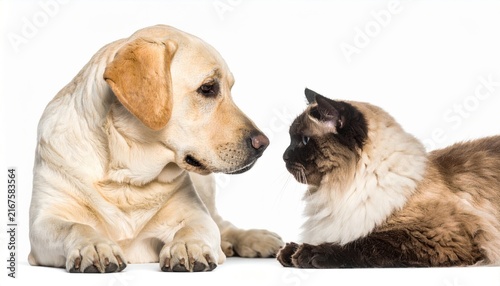 Labrador retriever and fluffy cat looking affectionately at each other, isolated on white