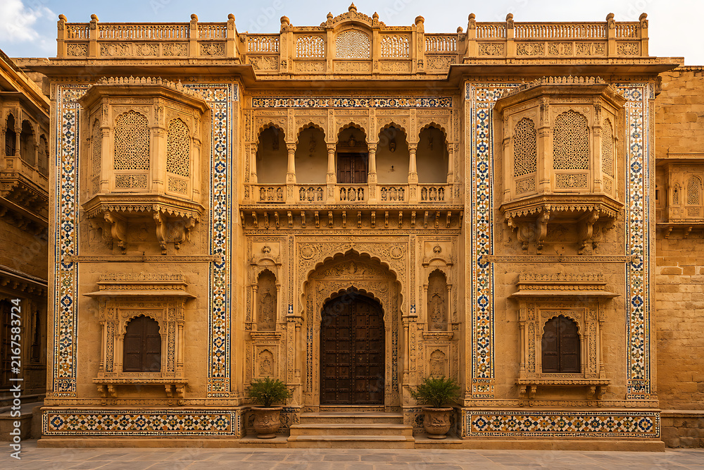 Obraz premium Majestic golden yellow sandstone haveli facade featuring twin jutting jharokha balconies with fine lattice stone screens (jaali), framed by a central scalloped arch and rich geometric tile mosaic bord