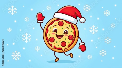 A wonderfully festive illustration depicts a happy pizza slice donning a santa hat and boxing gloves sharing christmas day cheerfulness and joy