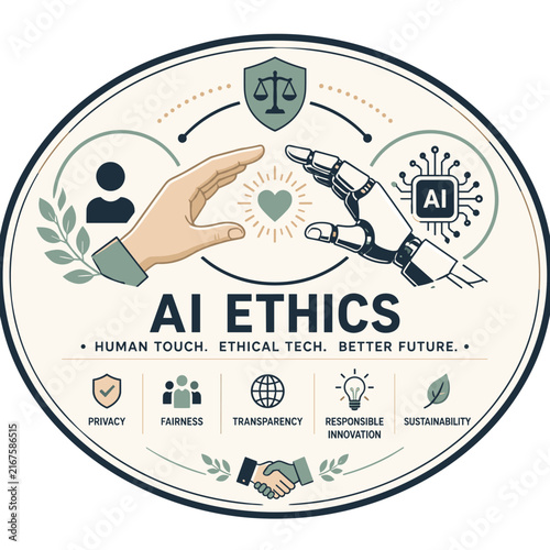AI Ethics concept showing human hand and machine interaction icons