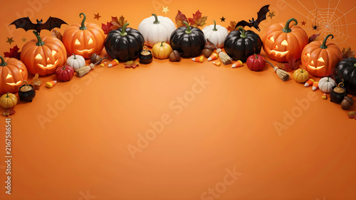 Halloween background with carved jack o lanterns, black and white pumpkins, bats, candy corn and autumn leaves on orange backdrop