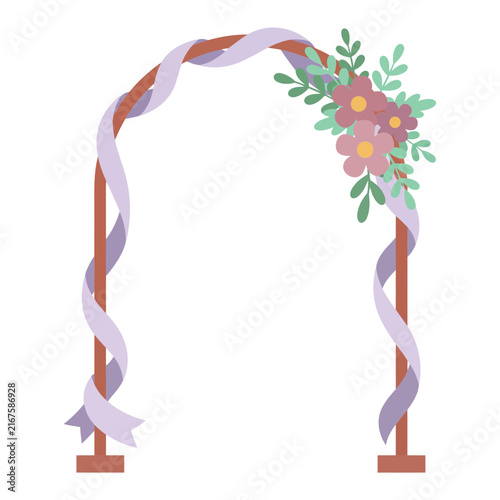 Elegant wedding arch decorated with flowers ribbons and botanical elements
