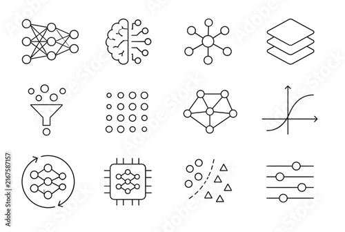 Artificial intelligence and machine learning line icons set