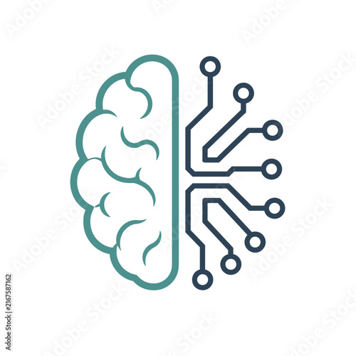 Artificial intelligence brain concept showing digital circuit and human mind