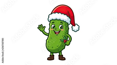 A cute cartoon pickle character wearing a festive red santa hat waving hello to celebrate a happy merry christmas day holiday season