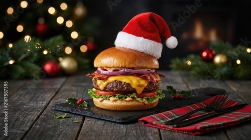 A festive and delicious christmas burger with a santa hat celebrating the joyful holiday season with a gourmet meal