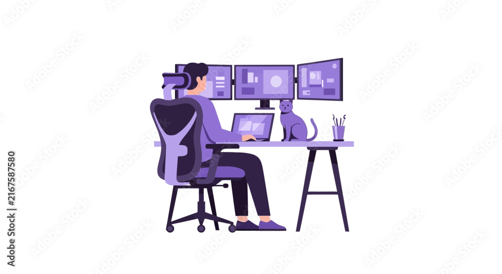 Fototapeta premium Programmer Working at Home Office with Multiple Monitors and Pet Cat, Minimalist Purple Flat Illustration of Remote Workspace
