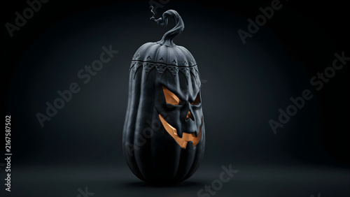 Gothic black Halloween pumpkin carved into a creepy jack o lantern with glowing orange eyes and scary smile on dark background
