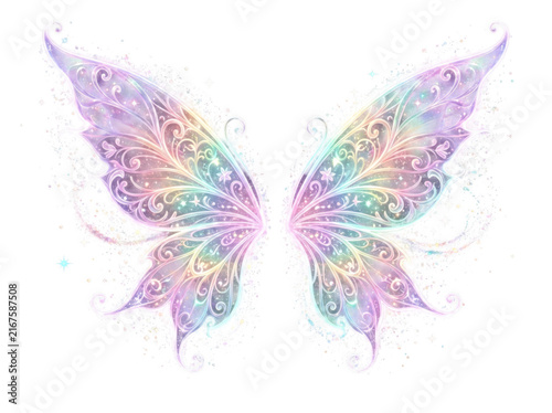 Pastel holographic fairy butterfly wings with sparkly details white background holographic sparkles mythical isolated colorful iridescent decorative creature fairytale enchanted ethereal