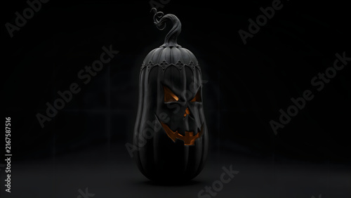 Black carved halloween pumpkin with glowing orange face isolated on dark background, spooky jack o lantern holiday decoration concept, gothic and dark design element for autumn seasonal celebration