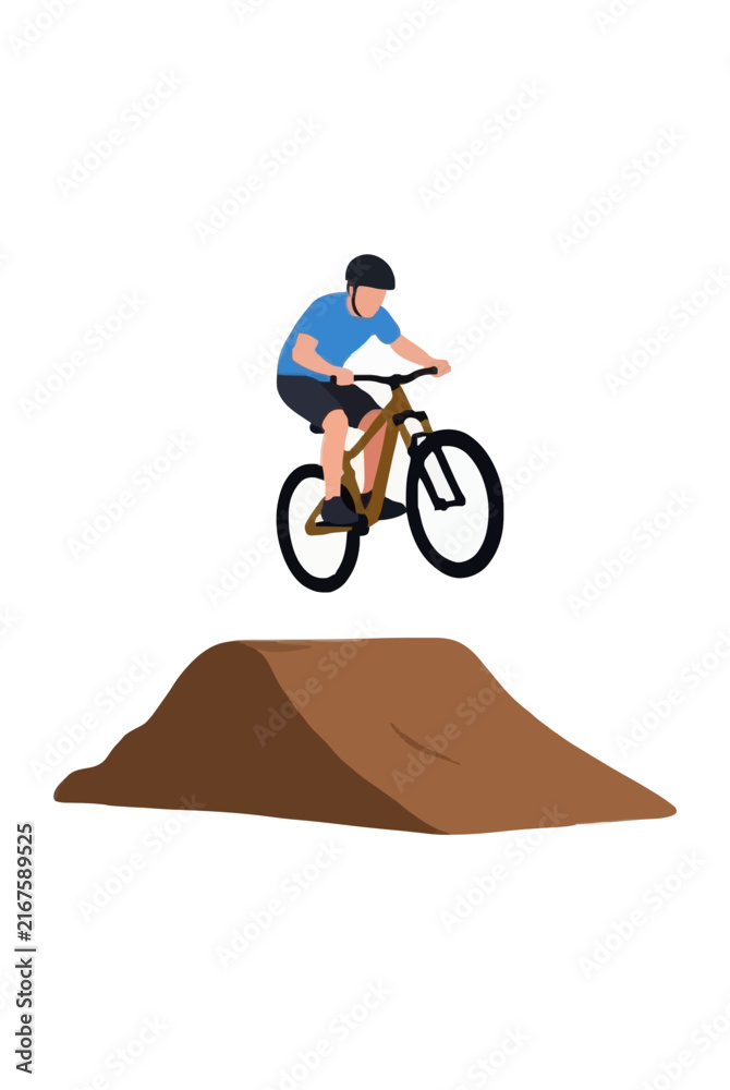 Fototapeta premium Hand-traced vector illustration of a mountain biker performing a midair stunt, soaring above a rugged dirt ramp in a clean flat design style perfect for sports graphics