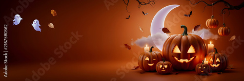 Spooky Halloween banner background with glowing jack o lantern pumpkins, cute ghosts, crescent moon, and bats on orange